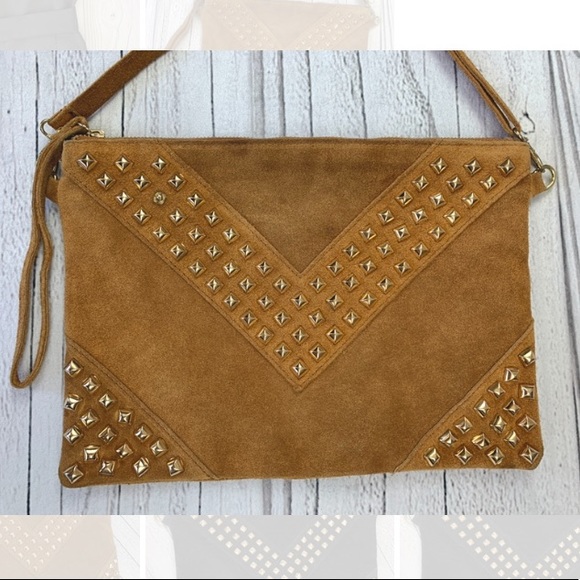 IBIZA Rockstar Suede Crossbody Bag Tan Gold Studs - Picture 2 of 7